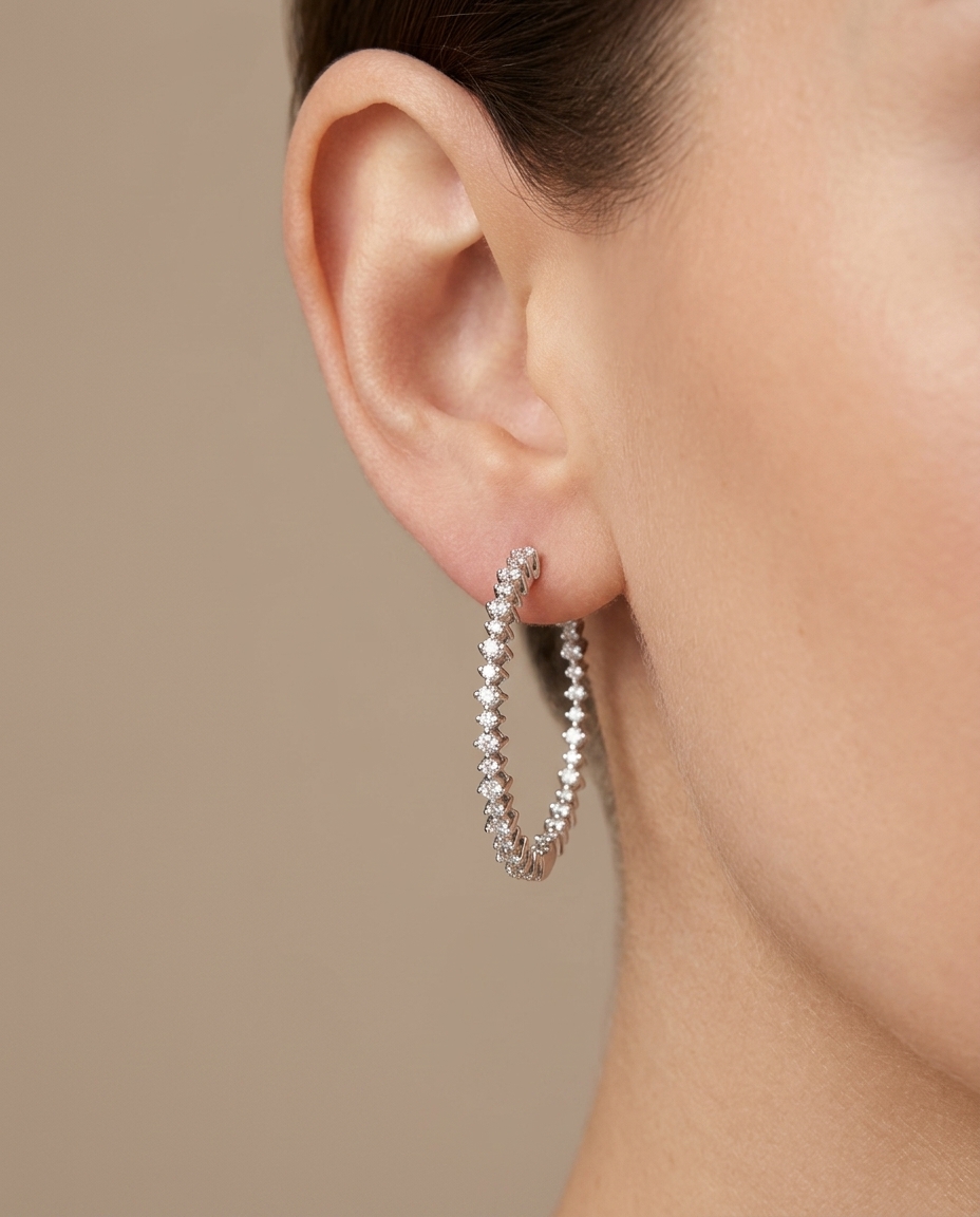 14KT White Gold Diamond Hoop Earring on model