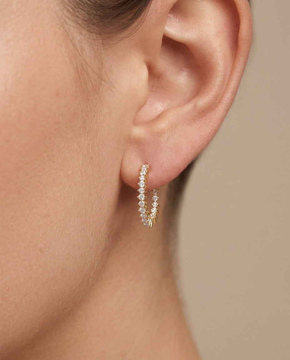14KT Yellow Gold Diamond Hoop Earring on model