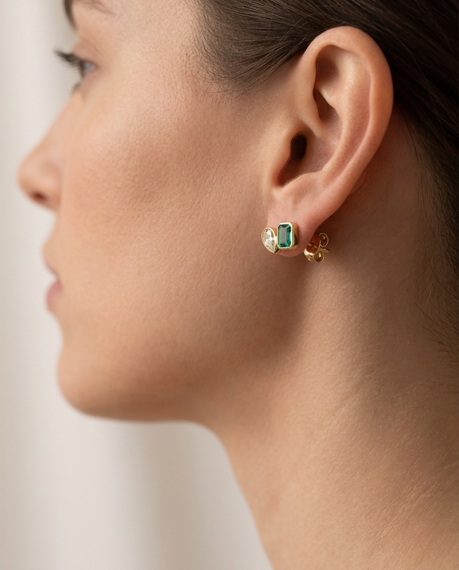 14KT Yellow Gold Emerald and Yellow Diamond Earring on model