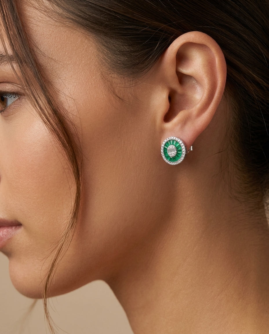 14KT White Gold Emerald and Diamonds Round Earings on model