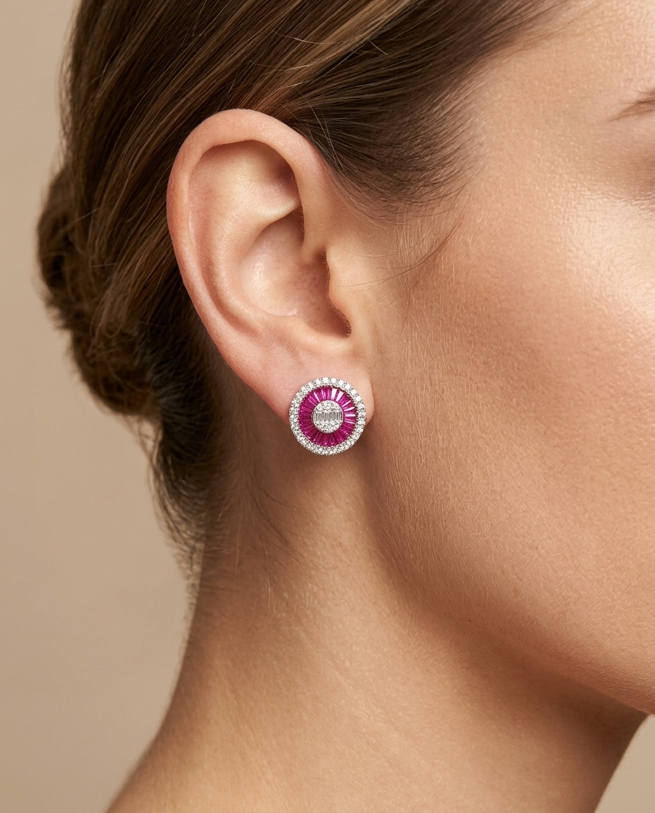 14KT White Gold Ruby and Diamonds Round Earings on model