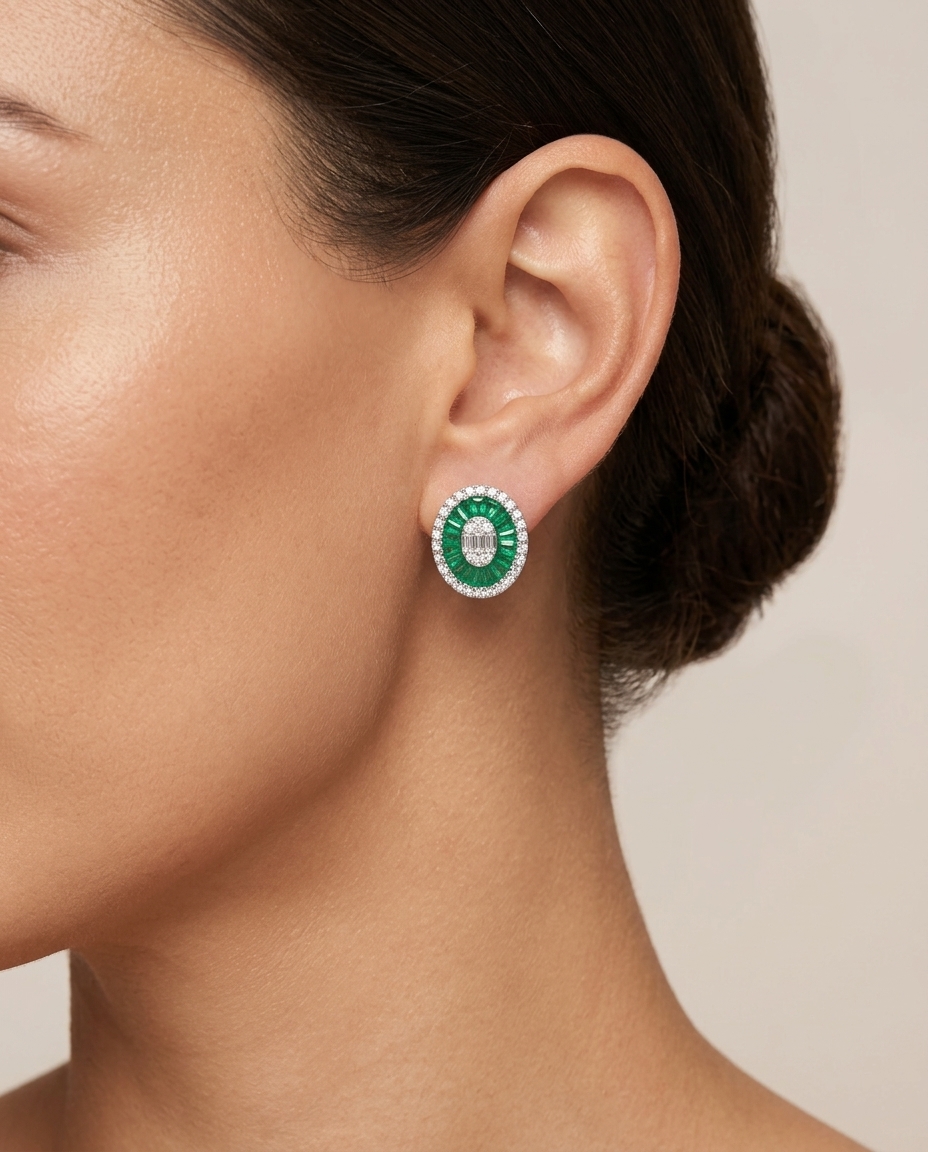 14KT White Gold Emerald and Diamonds Oval Earings on model