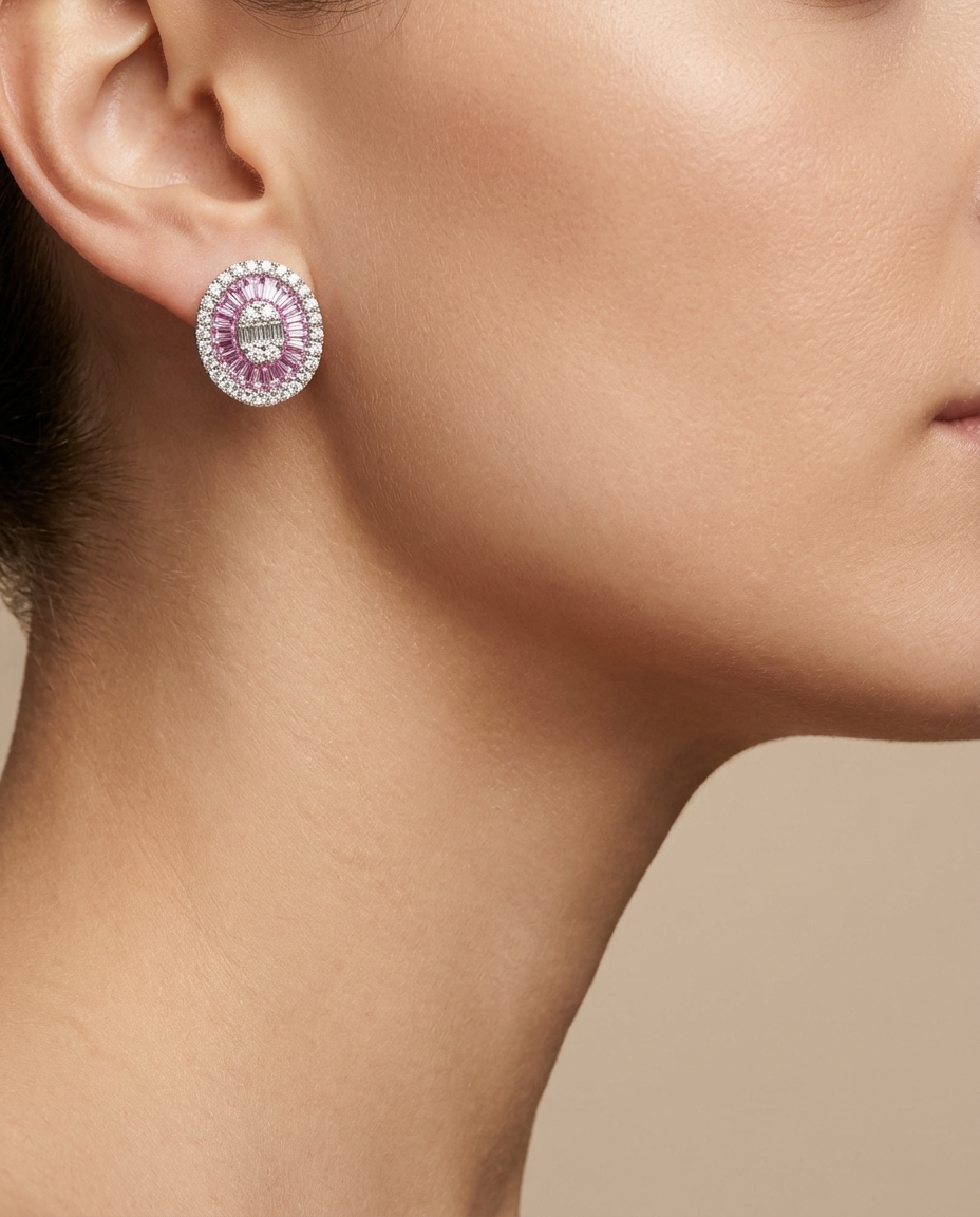 14KT White Gold Pink Sapphire and Diamonds Oval Earings on model