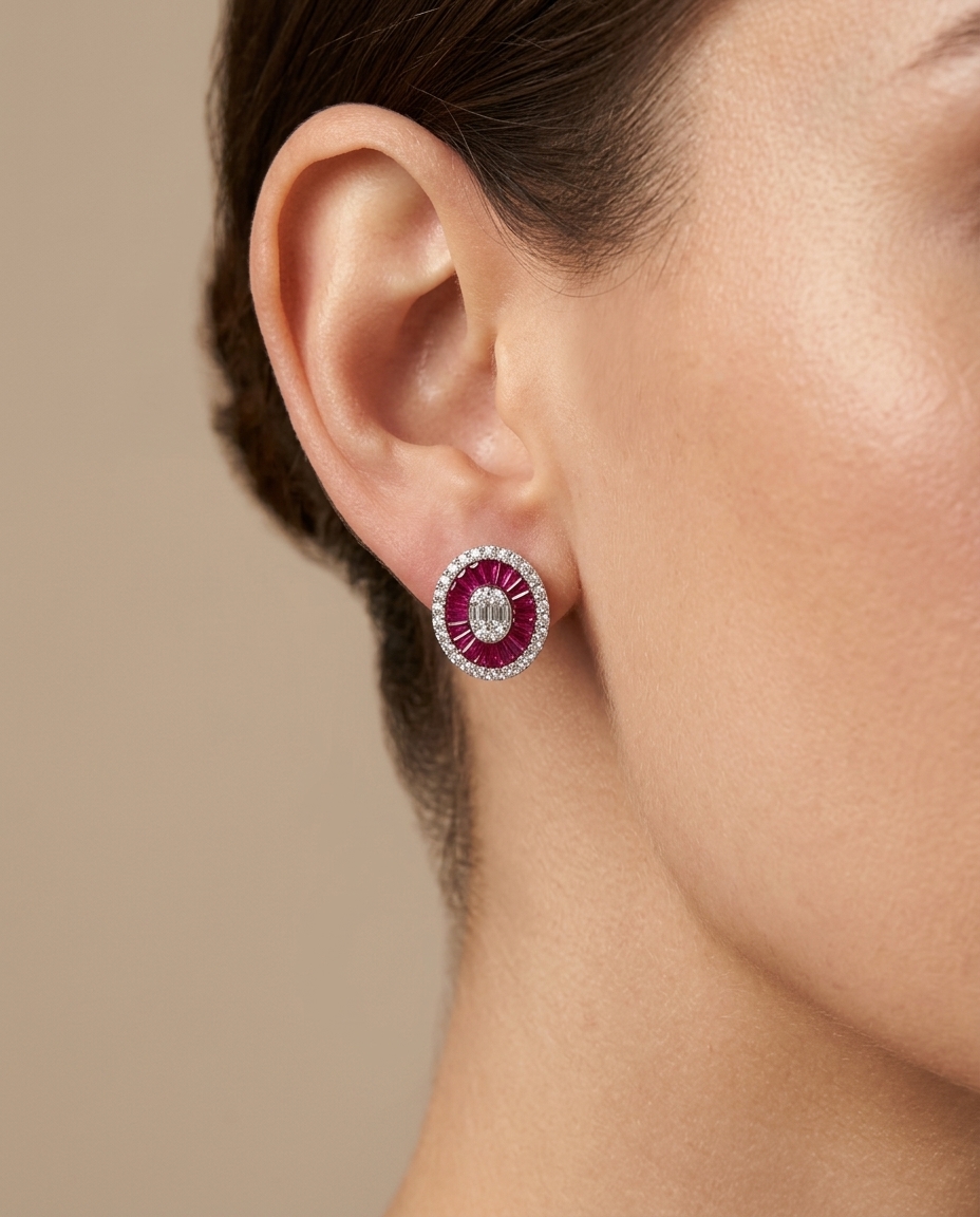14KT White Gold Ruby and Diamonds Oval Earings on model