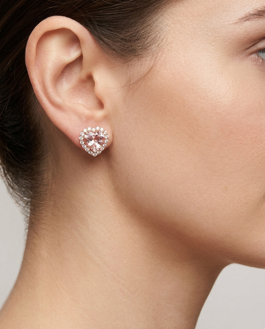 14KT Rose Gold Heart Shape Morganite and Diamonds Earring on model