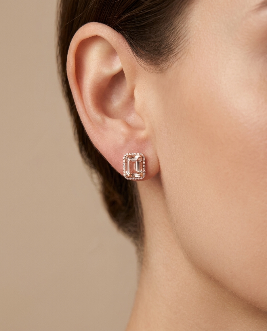 14KT Rose Gold Morganite and Diamonds Earring on model