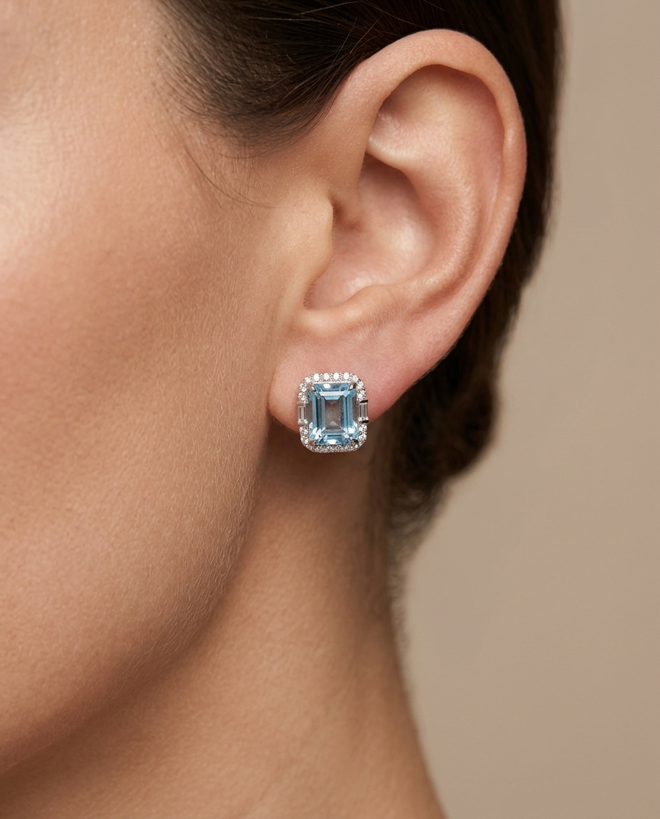 14KT White Gold Aquamarine and Diamonds Earring on model