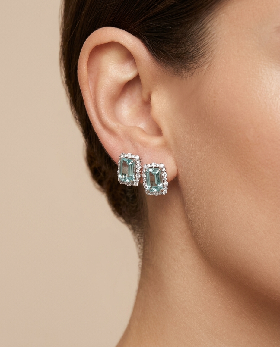 14KT White Gold Aquamarine and Diamonds Earring on model
