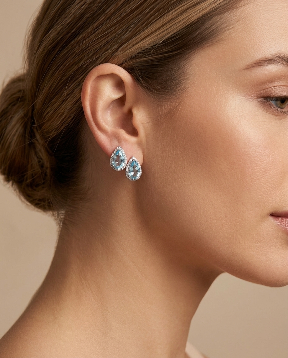 14KT White Gold Teardrop Aquamarine and Diamonds Earring on model