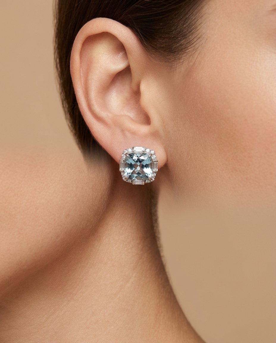 14KT White Gold Aquamarine and Diamonds Earring on model
