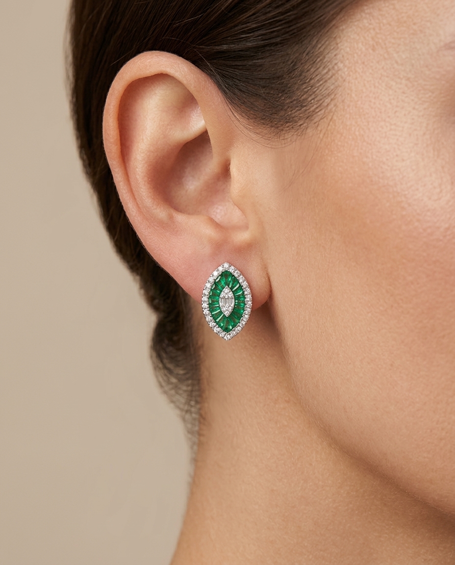 14KT White Gold Emerald and Diamonds Marquise Earring on model