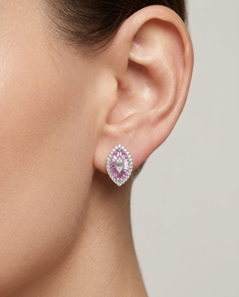 14KT White Gold Pink Sapphire and Diamonds Marquise Earring on model