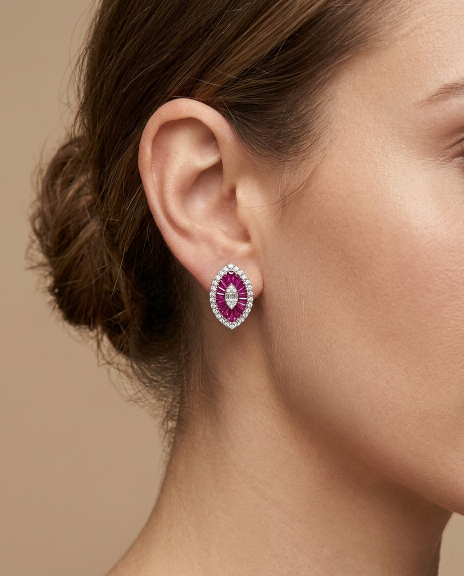 14KT White Gold Ruby and Diamonds Marquise Earring on model
