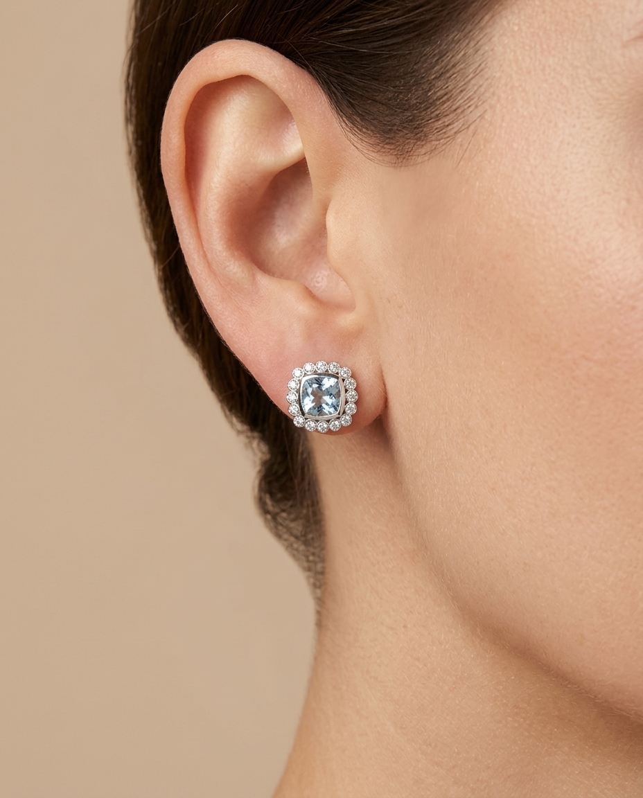 14KT White Gold Aquamarine with Diamonds Earring on model