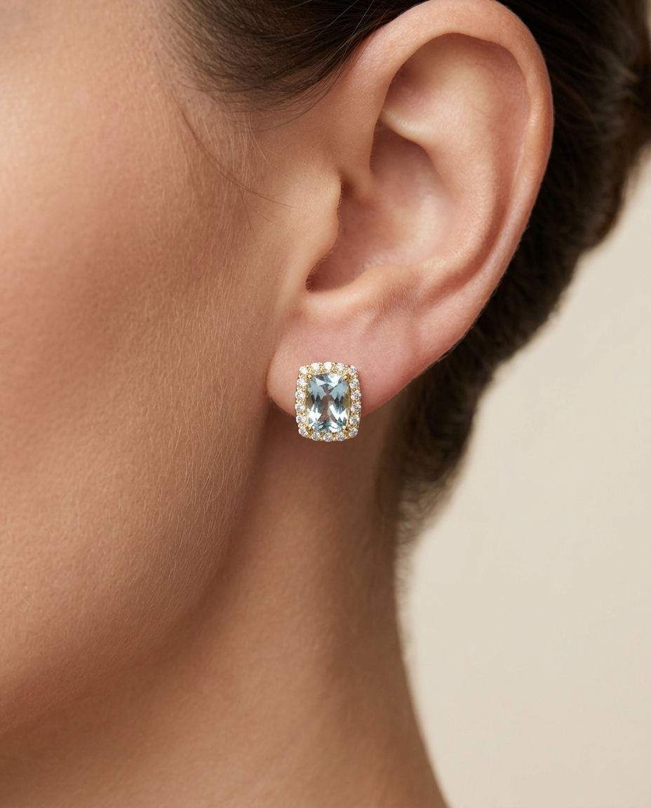 14KT Gold Aquamarine with Diamonds Earring on model