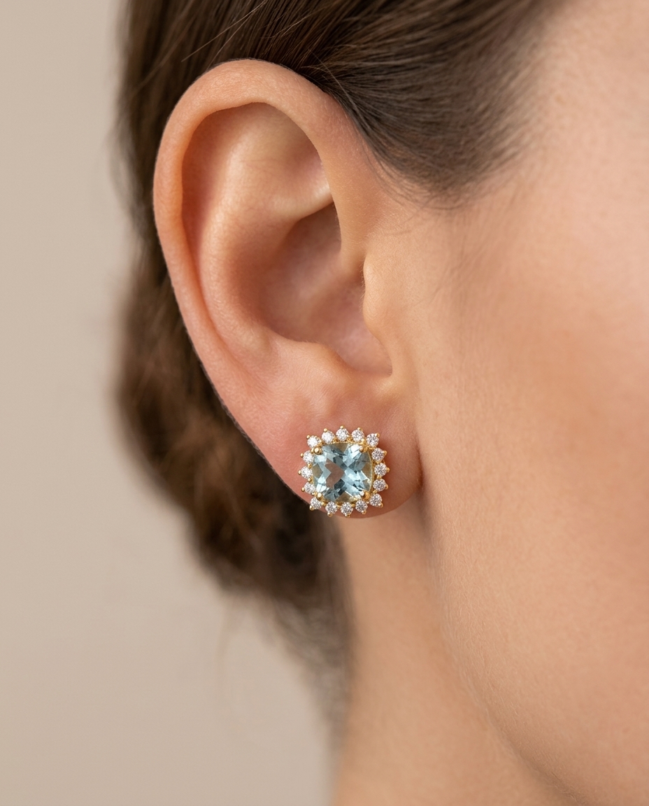 14KT Gold Aquamarine and Diamonds Stud Earring on model