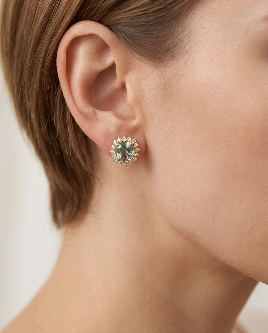 14KT Gold Aquamarine and Diamonds Stud Earring on model