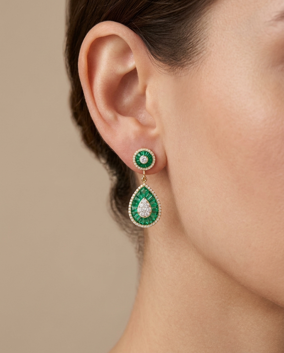 14KT Gold Emerald and Diamond Earring on model