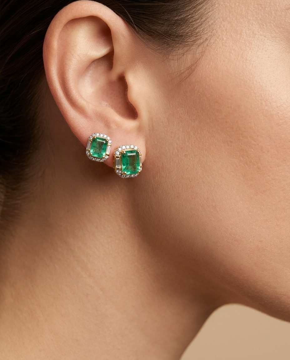 14KT Gold Diamond and Emerald Earring Studs (7X8 MM) on model
