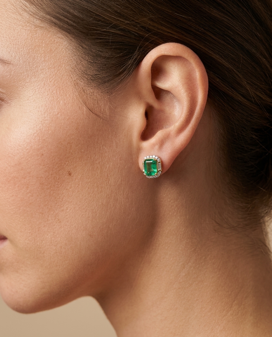 14KT Gold Diamond and Emerald Earring Studs (7X8 MM) on model