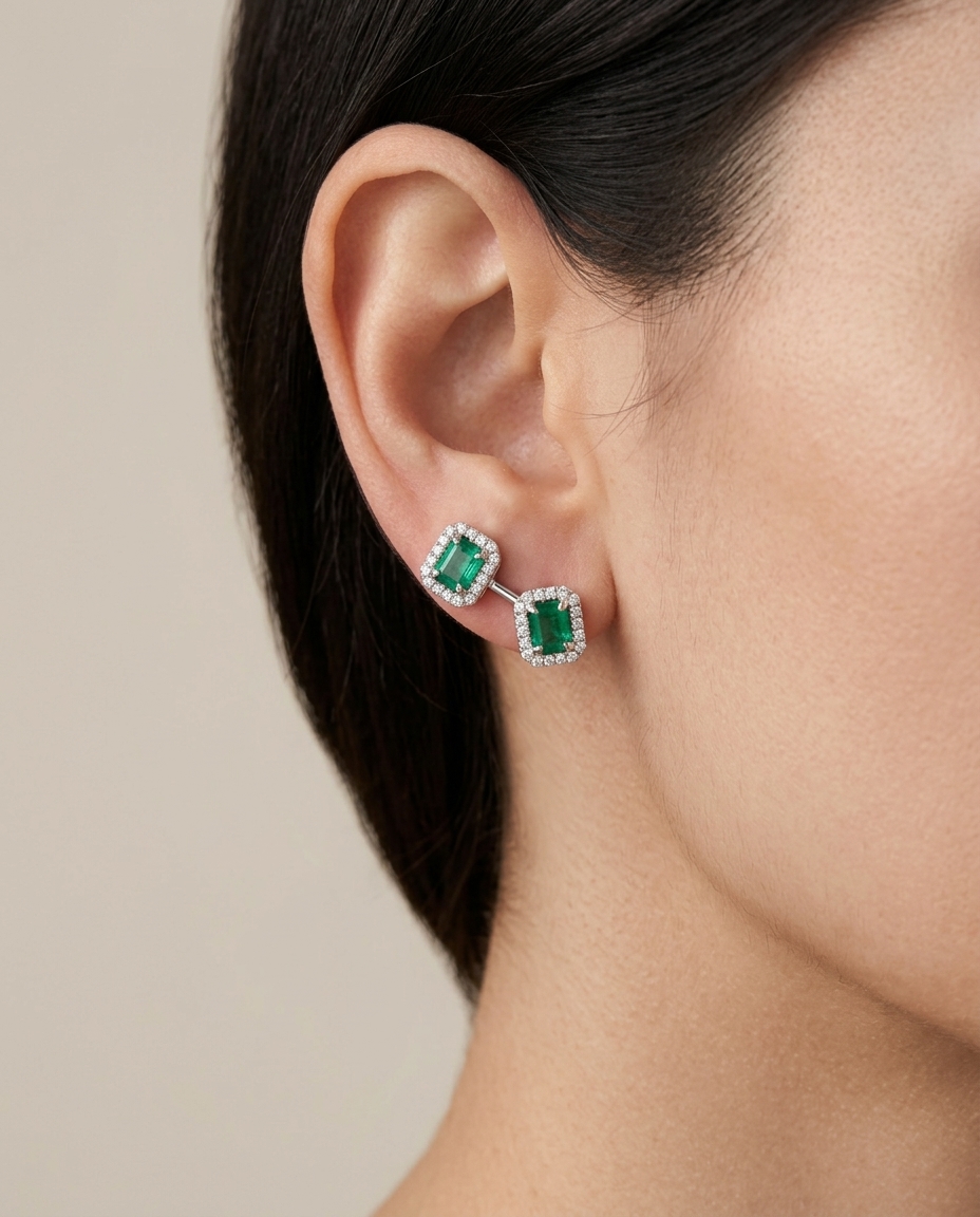 14KT Gold Diamond and Emerald Earring (6.5X7.5 MM) on model