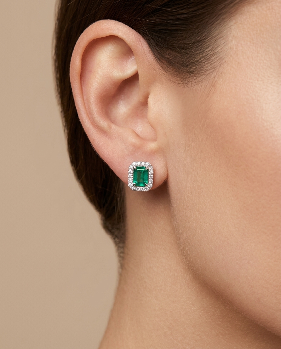 14KT Gold Diamond and Emerald Earring (8X9 MM) on model