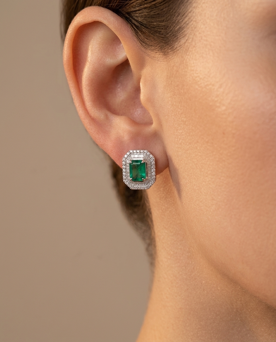 14KT White Gold Emerald and Diamonds Earring on model