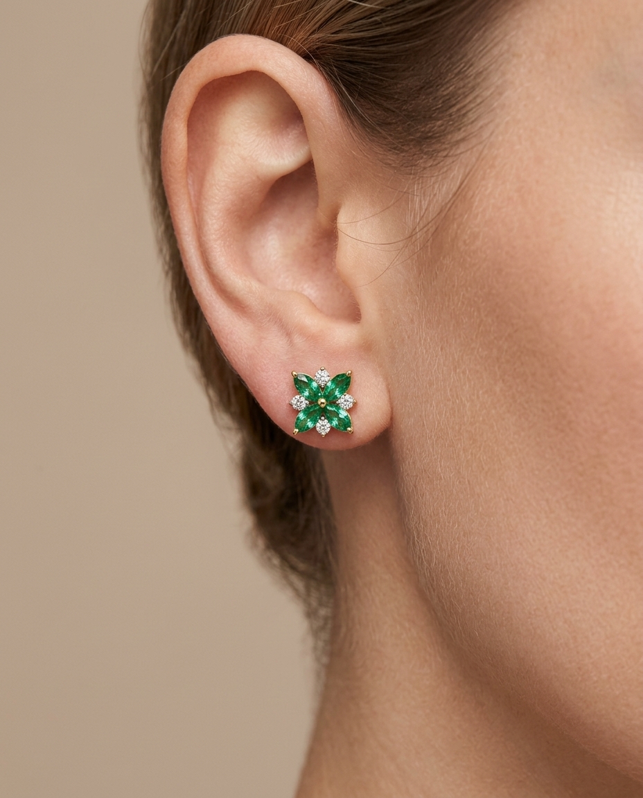 18K Gold Emerald and Diamond Earring on model