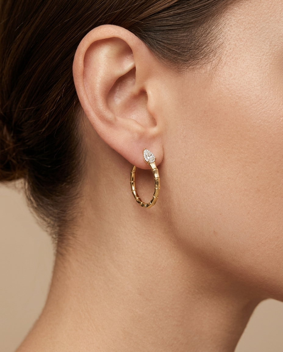 14KT Gold Diamond Snake Hoop Ear Studs on model