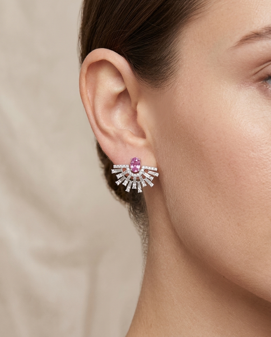 18KT White Gold Pink Sapphire and Diamond Earring on model