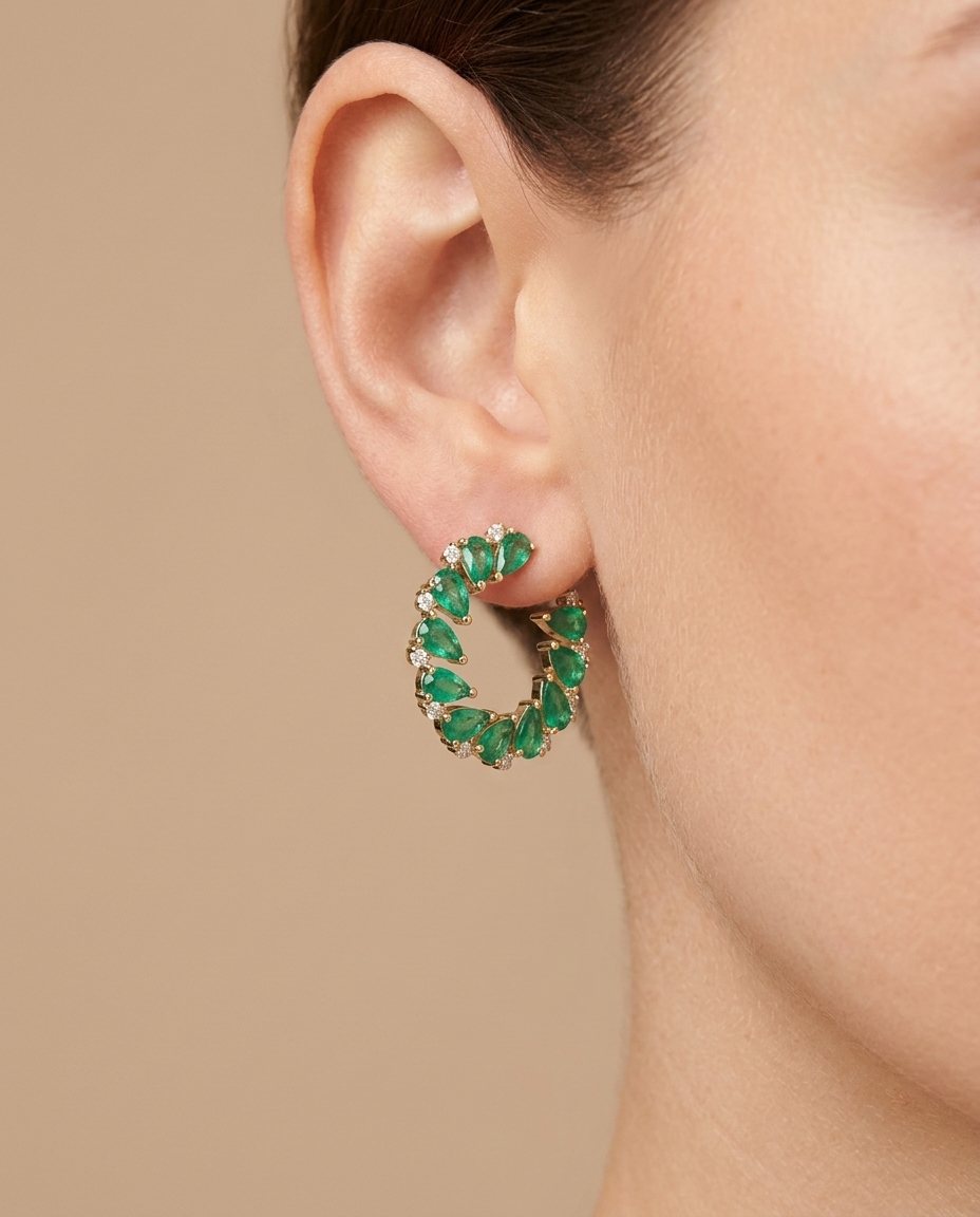 18KT Gold Emerald and Diamond Earring on model