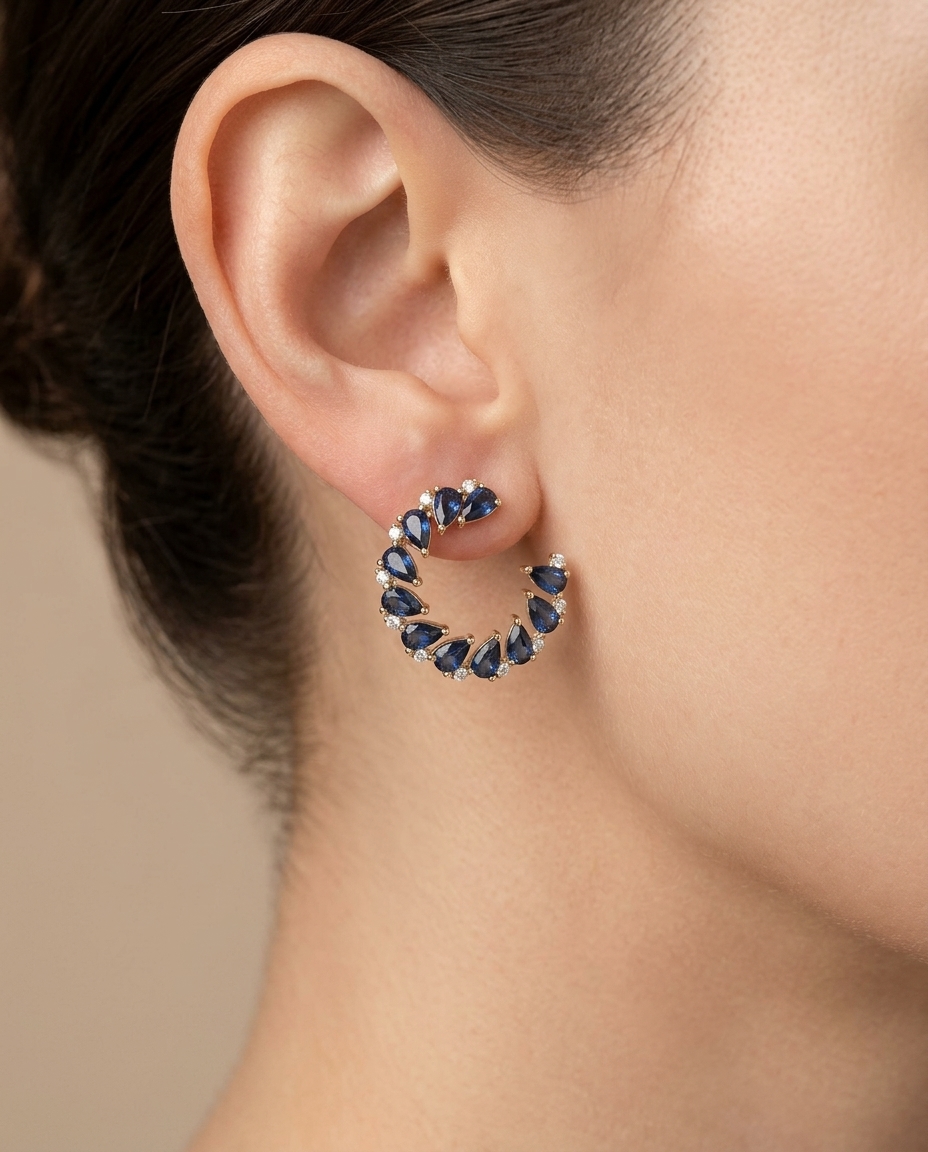18KT Gold Blue Sapphire and Diamond Earring on model