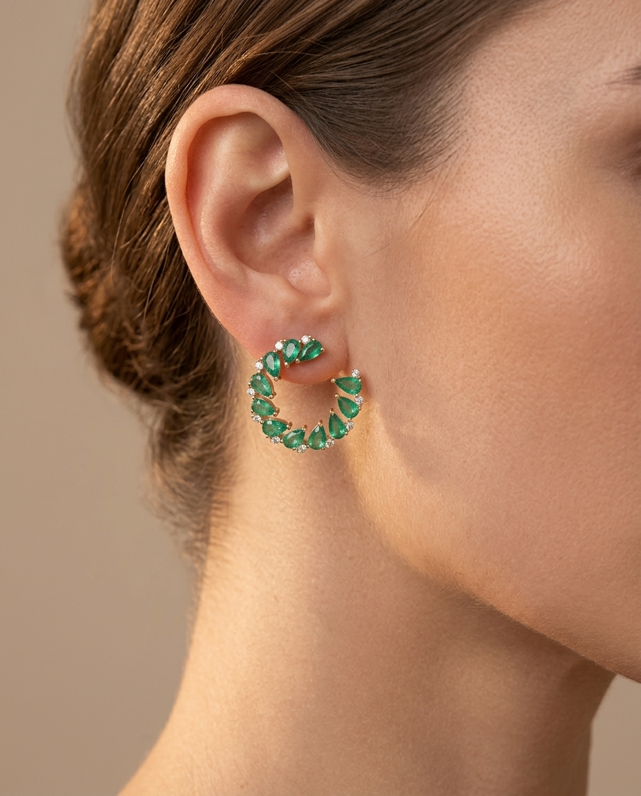 18KT Gold Emerald and Diamond Earring on model