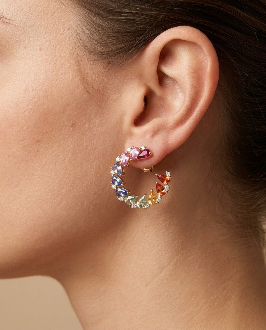 18KT Gold Multi Sapphire and Diamond Earring on model