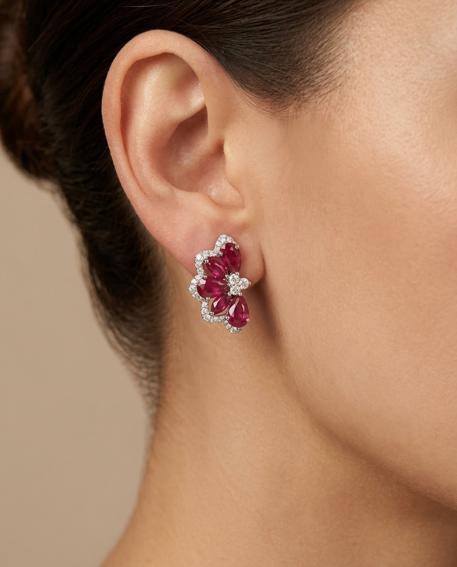 18KT White Gold Ruby and Diamond Earring on model