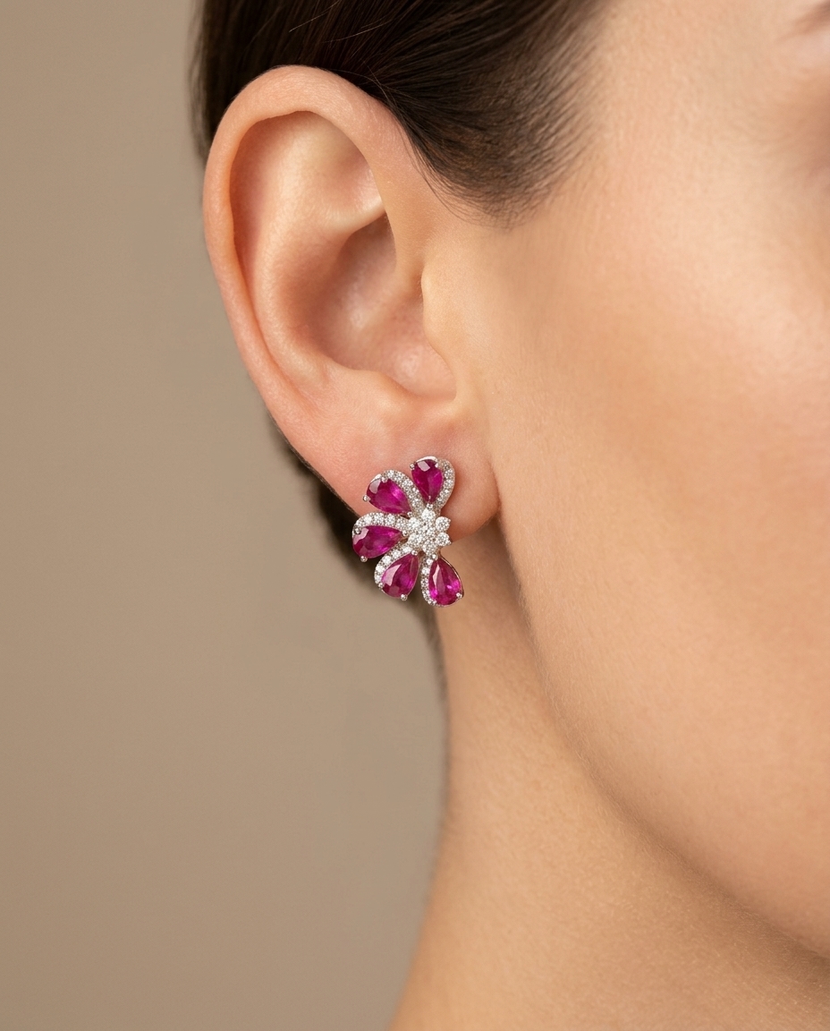 18KT White Gold Ruby and Diamond Earring on model