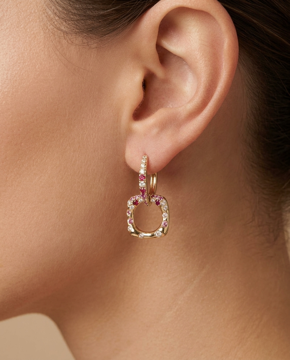 18KT Yellow Gold Pink Sapphire Ruby and Diamond Earring on model
