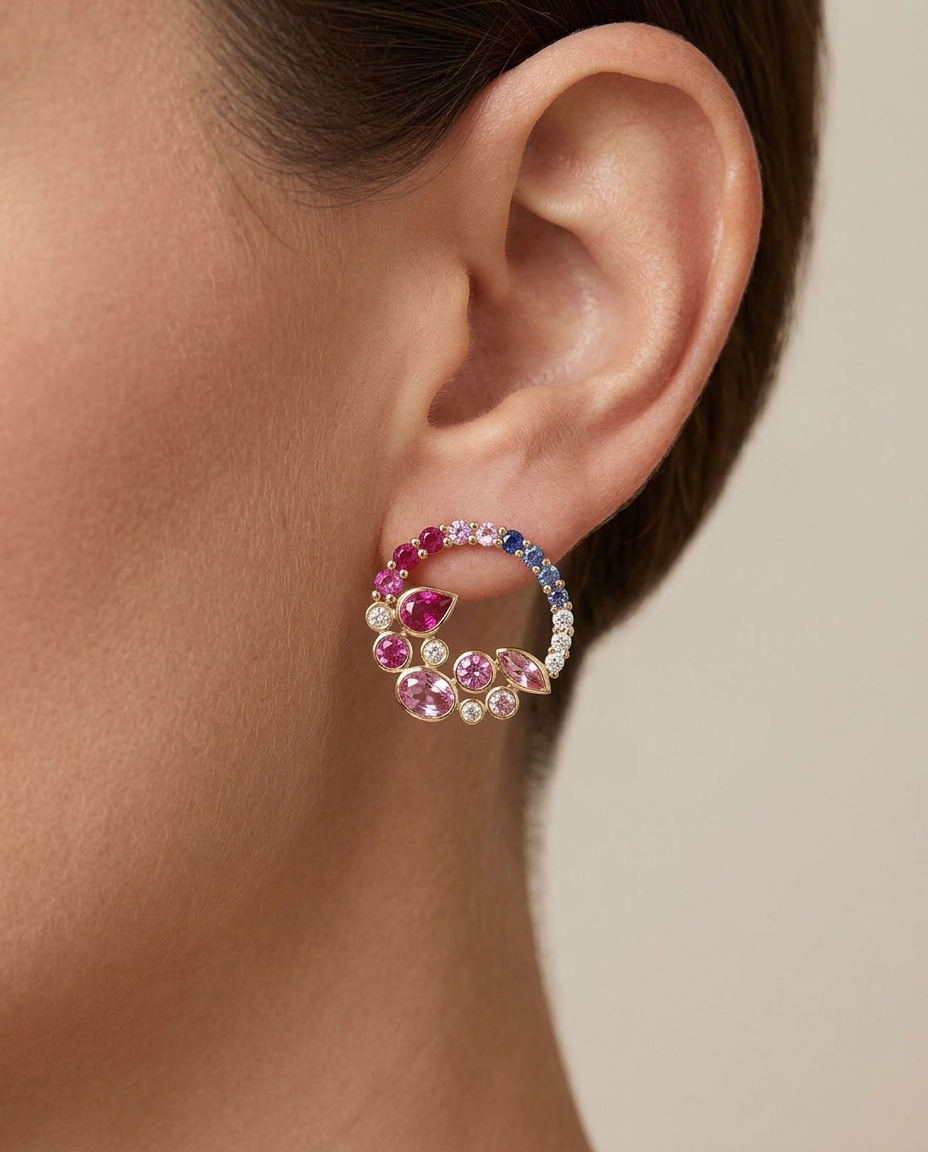 18KT Gold Pink Sapphire Ruby and Diamond Earring on model