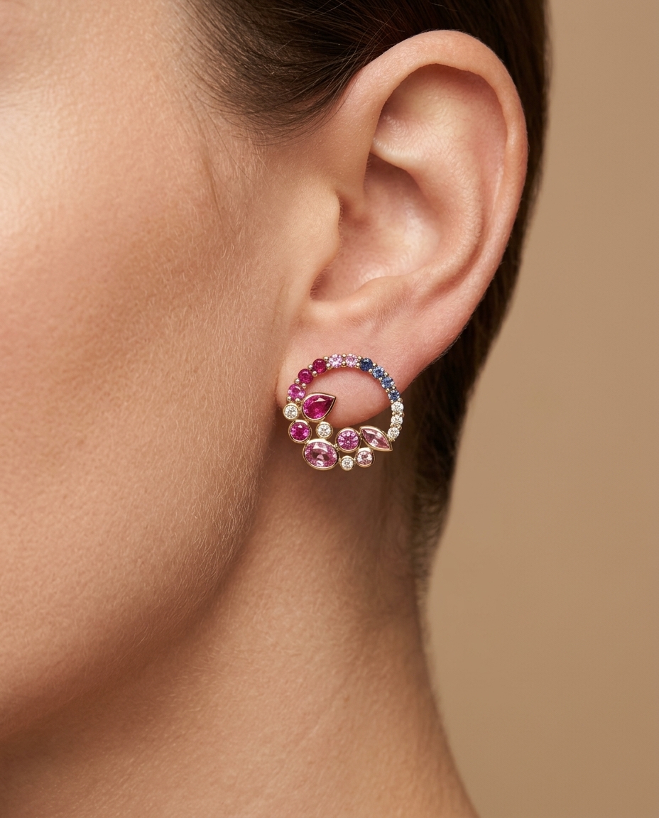 18KT Gold Pink Sapphire Ruby and Diamond Earring on model