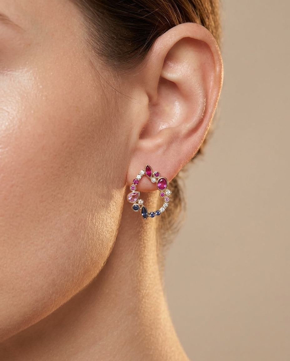 18KT Gold Pink Sapphire Ruby and Diamond Earring on model