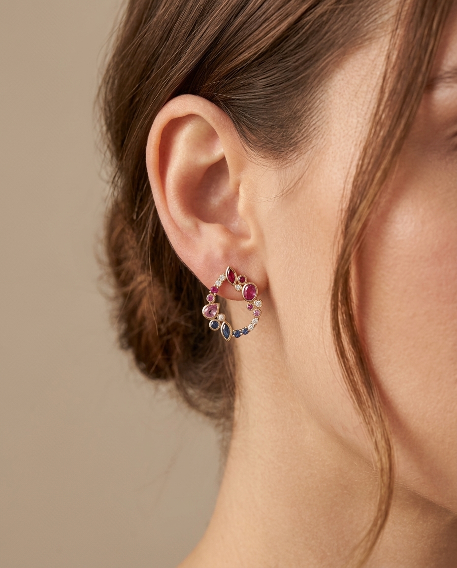 18KT Gold Pink Sapphire Ruby and Diamond Earring on model