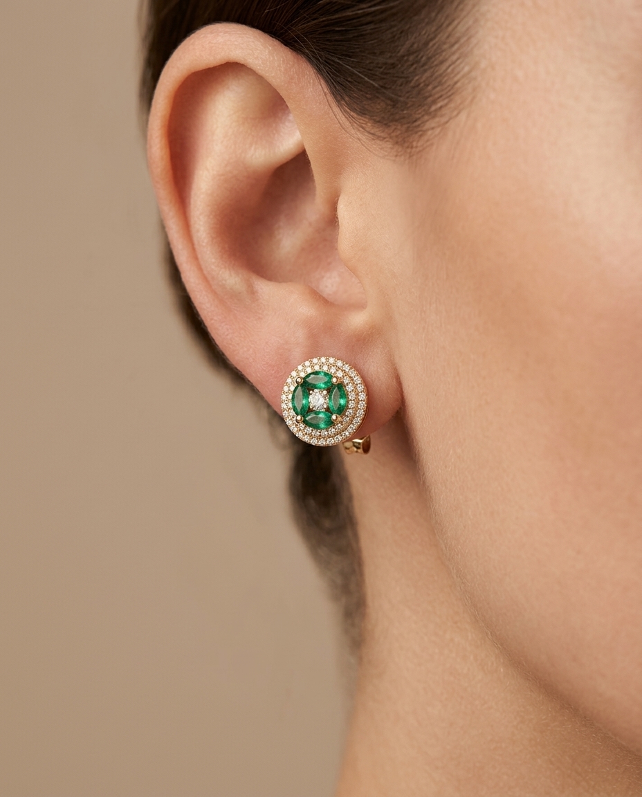 18KT Yellow Gold Emerald and Diamond Earring on model
