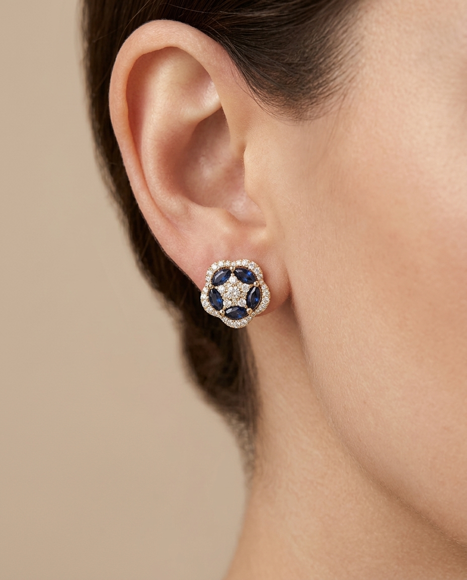 18KT Yellow Gold Blue Sapphire and Diamond Earring on model