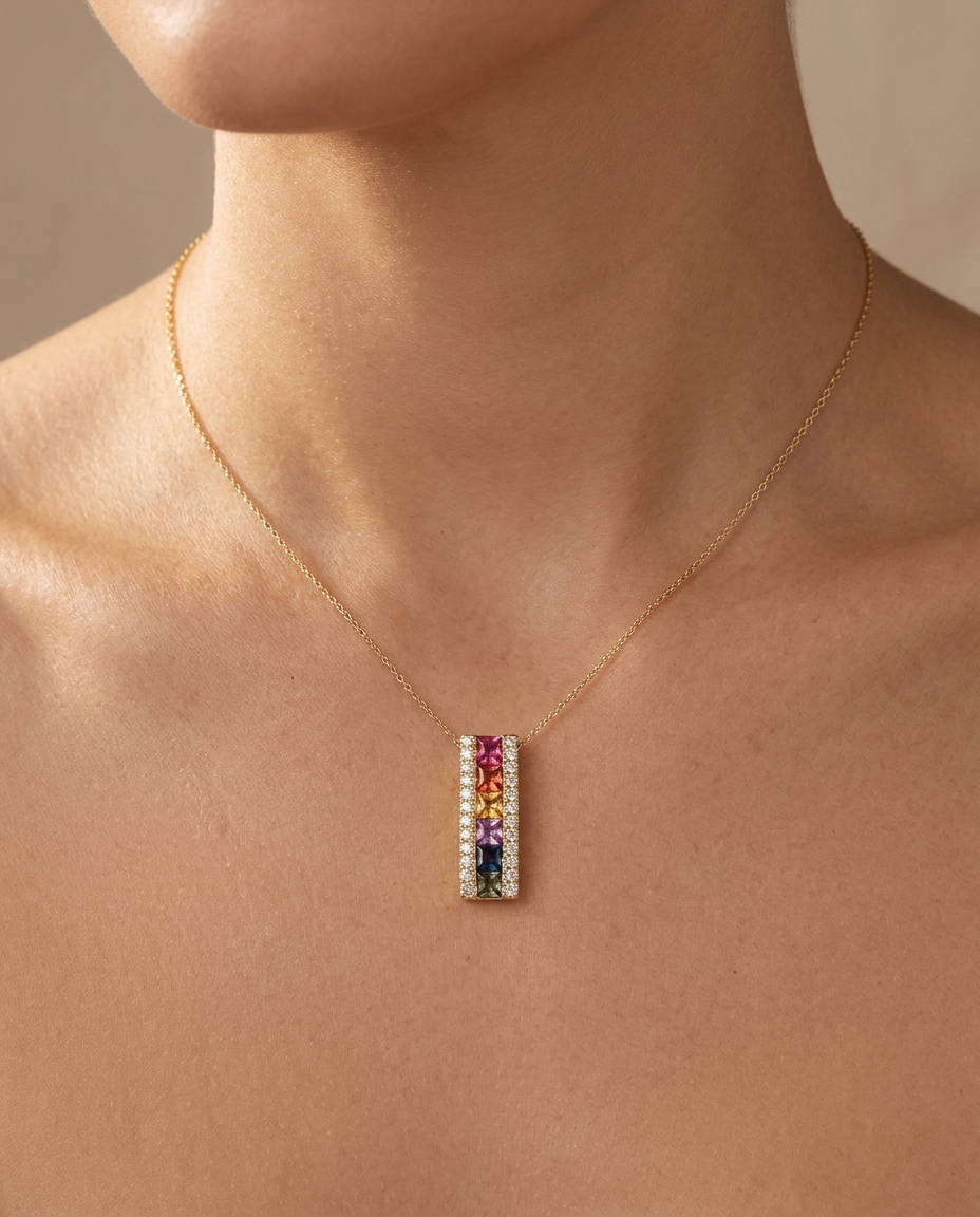 18KT Gold Multi Sapphire and Diamond Necklace on model