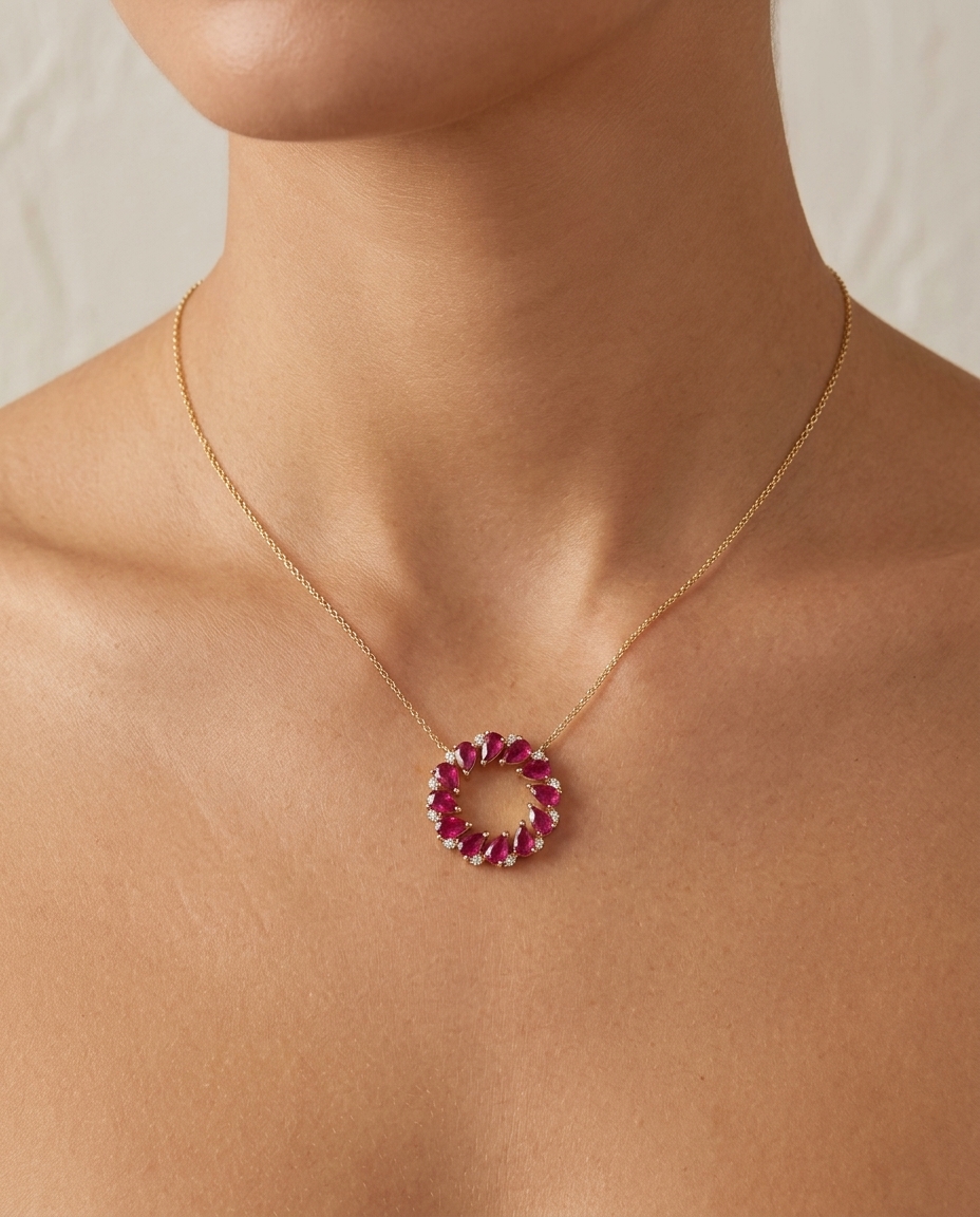 18KT Gold Ruby and Diamond Necklace on model