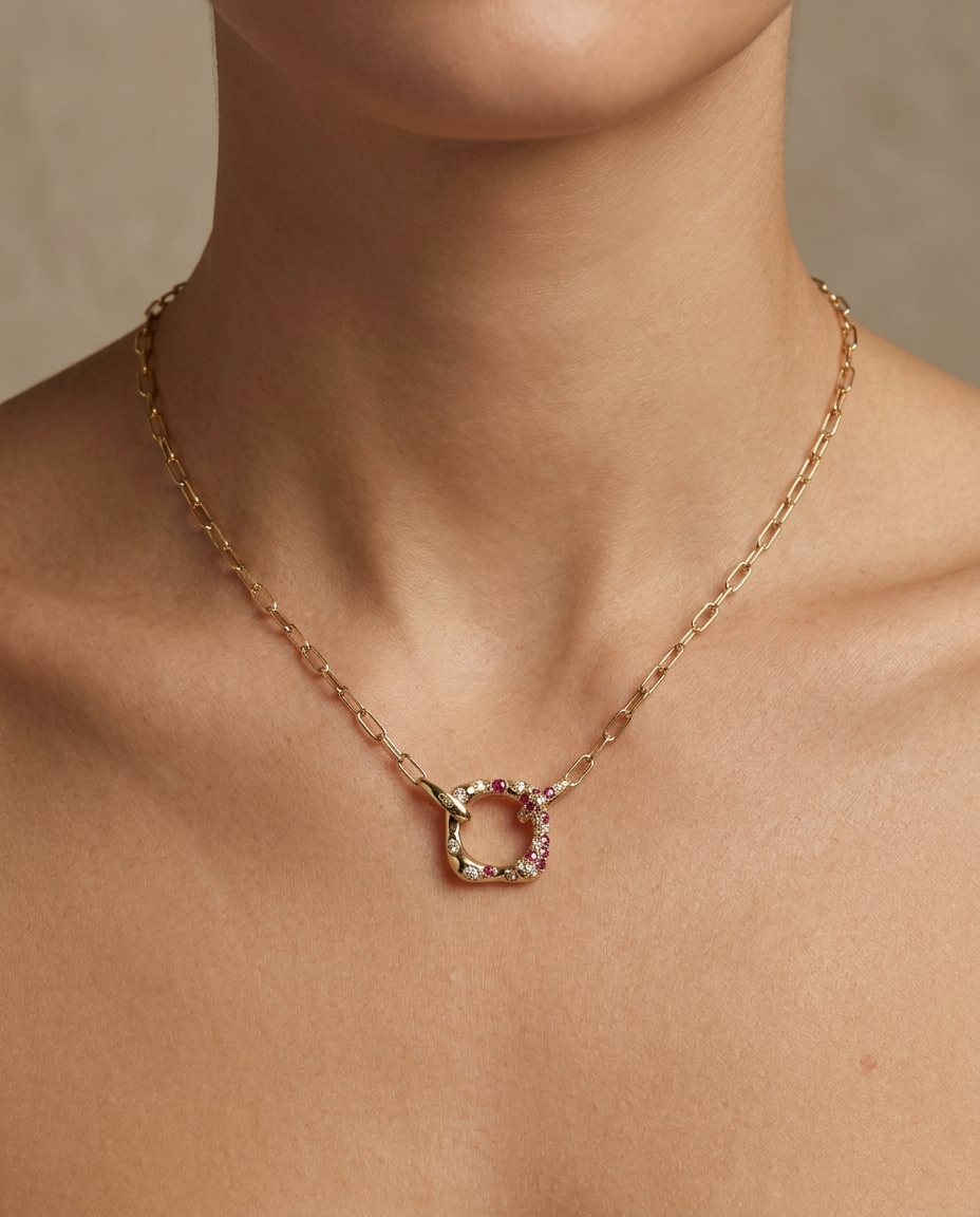 18KT Yellow Gold Pink Sapphire Ruby and Diamond Necklace on model