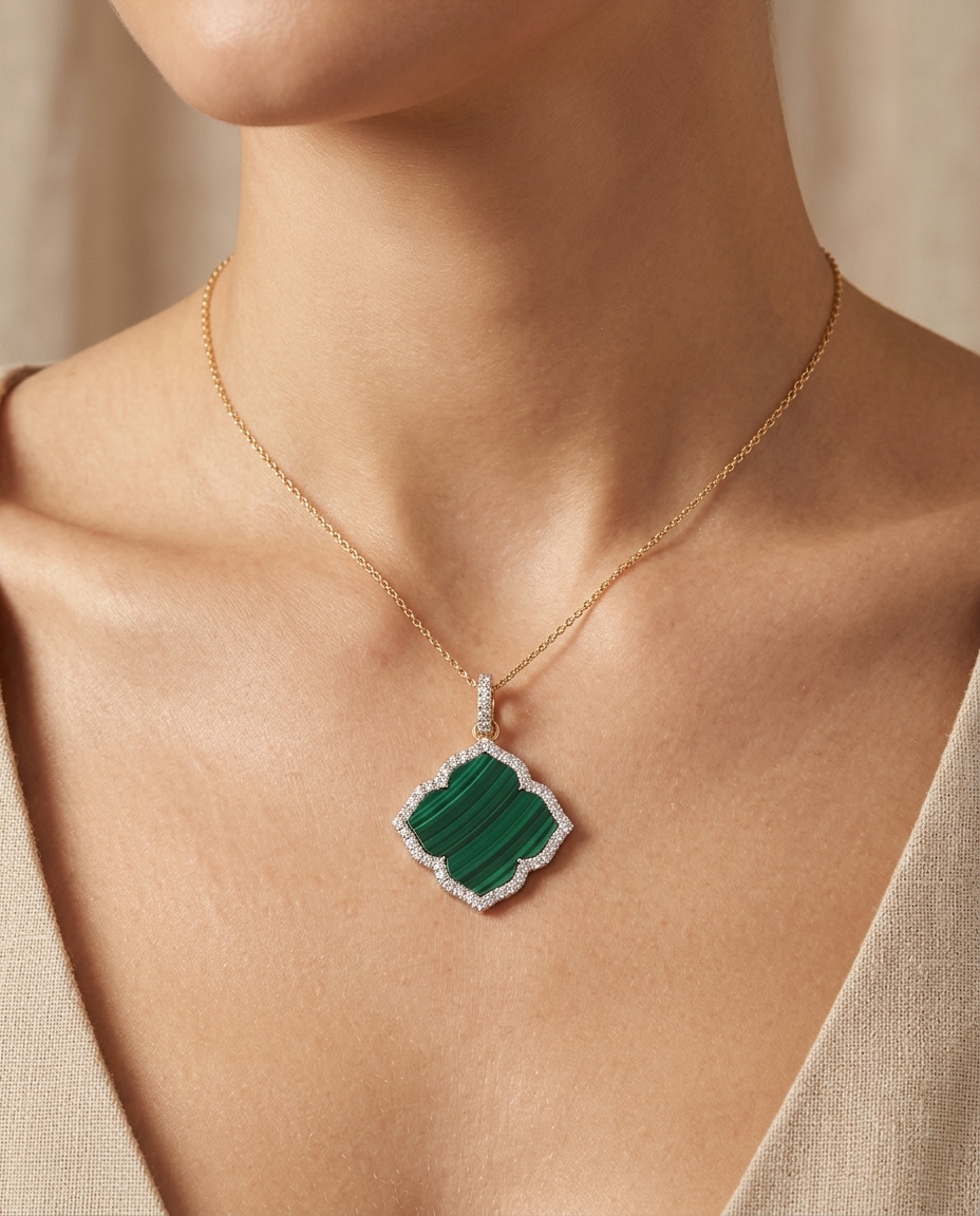 18KT Gold Malachite and Diamond Flower Pendant on model