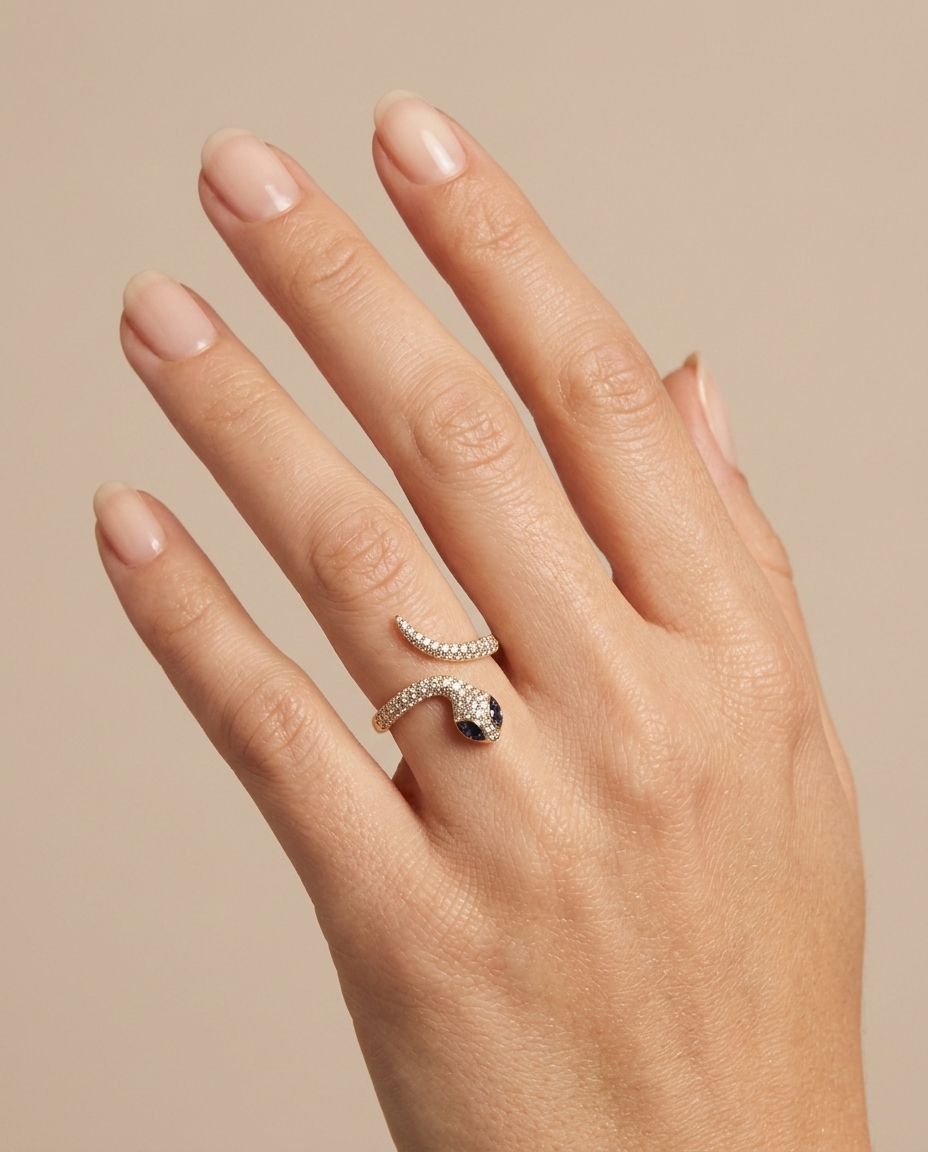 18KT Gold Blue Sapphire and Diamond Ring on model