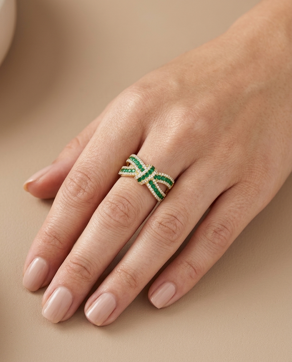 18KT Gold Emerald Diamond Ring on model