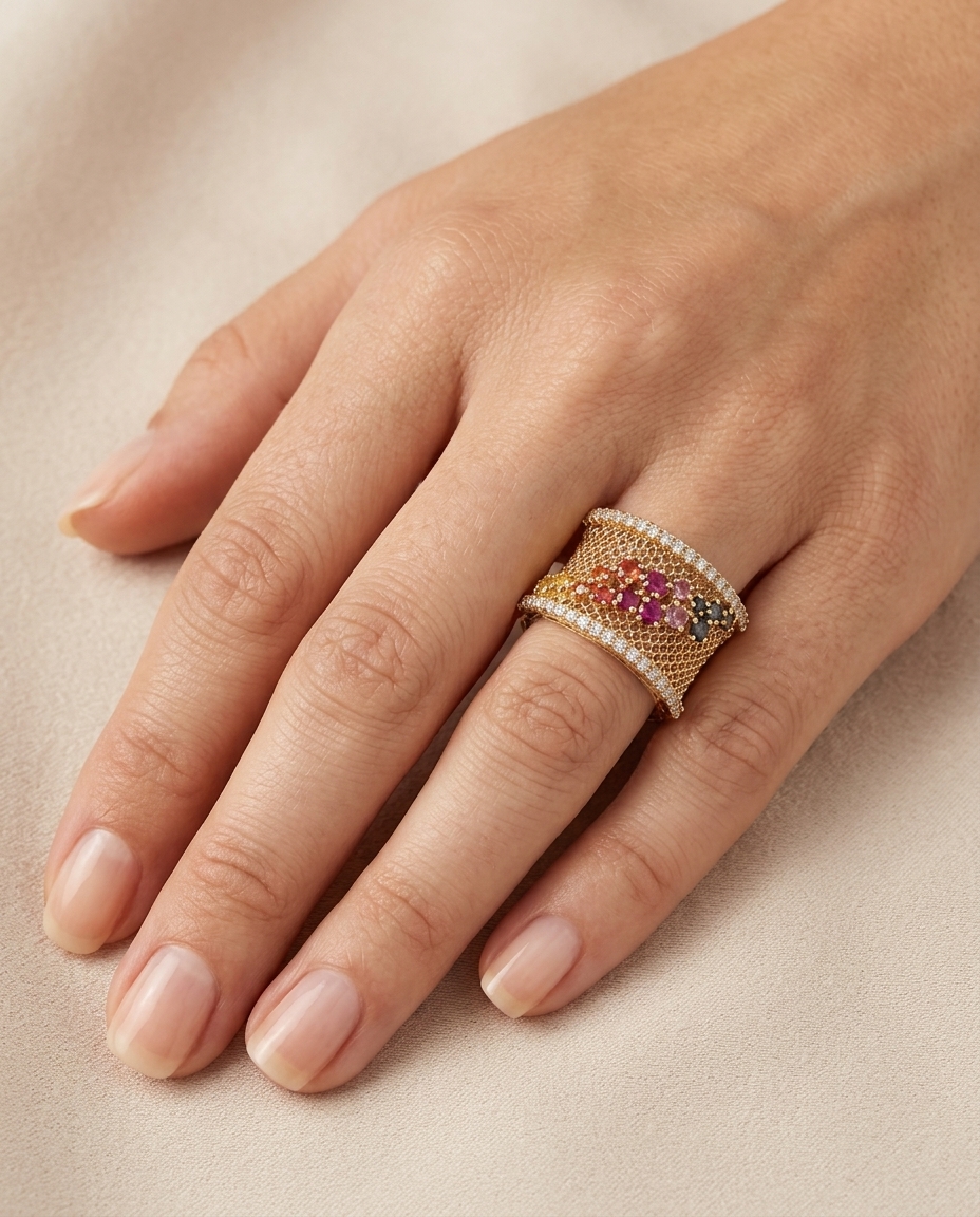 18KT Yellow Gold Sapphire and Diamond Ring on model